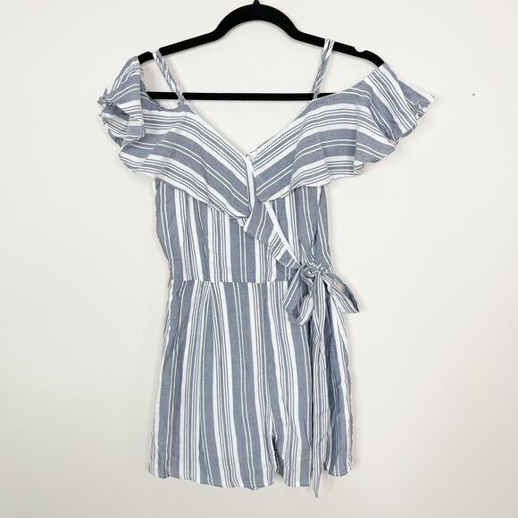 Entro Striped Cold Shoulder Ruffle Romper Blue S - Picture 1 of 8